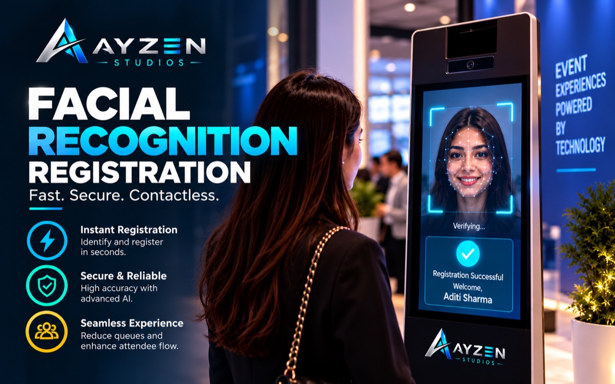 Facial recognition registration kiosk at an event